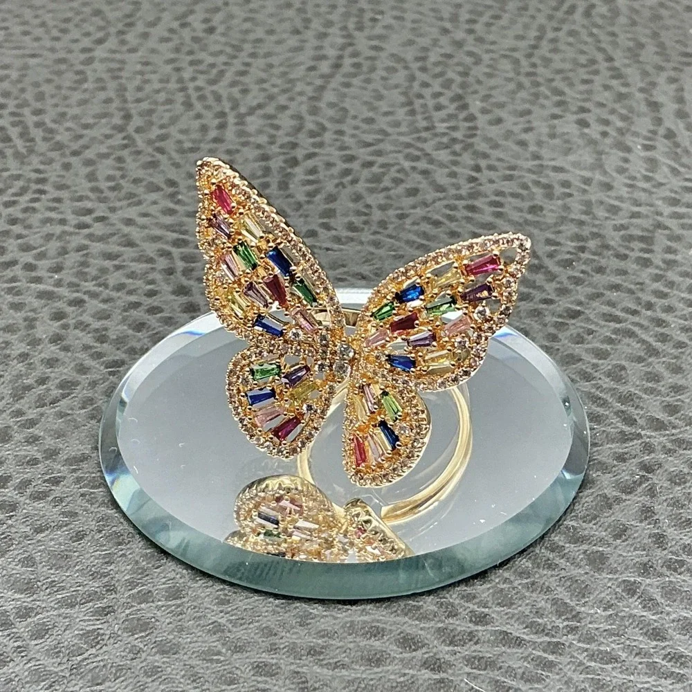 Ring Size 7 Gold Tone Multicolor Butterfly Rhinestone Cocktail Womens Jewelry